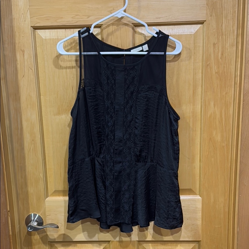 Hinge Black Asymmetrical Peplum Tank Top size L front lace and sheer mesh